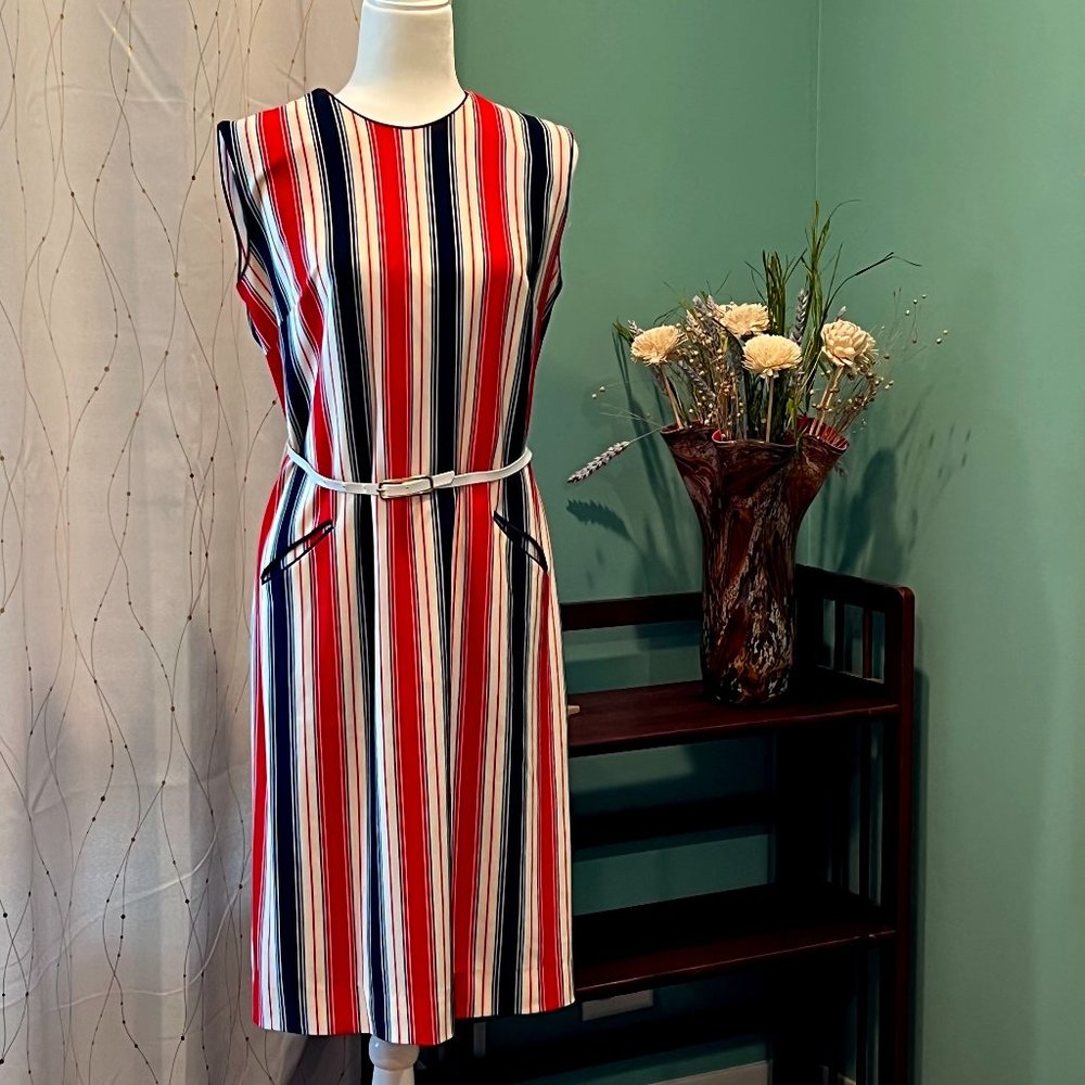 VINTAGE 70s Linda Originals Montreal Red White Blue Striped Dress